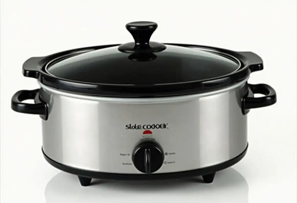 Slow cooker in chrome with a black trime